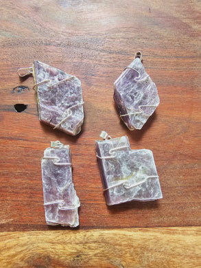 Silver Wrapped Lepidolite Slab Pendants