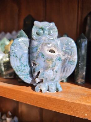 Moss Agate Owl Carving
