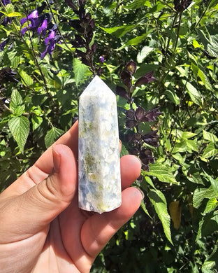 Blue Celestite Point with Peridot Inclusions
