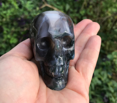 Moss Agate Geode Skull